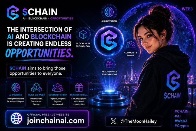 A promotional banner for $CHAIN featuring a woman in branded apparel alongside graphics highlighting AI-powered solutions, blockchain technology, and community rewards, with the headline "The Intersection of AI and Blockchain Is Creating Endless Opportunities" and the official presale site joinchainai.com.