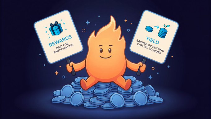 A cartoon flame character sitting on a pile of coins, holding signs explaining 'REWARDS: PAID FOR PARTICIPATING' and 'YIELD: EARNED BY PUTTING CAPITAL TO WORK'.