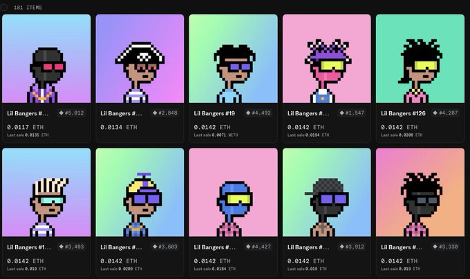 Grid of pixel art NFT avatars titled 'Lil Bangers' on what appears to be OpenSea, with various edition numbers and prices around 0.0137-0.0142 ETH.