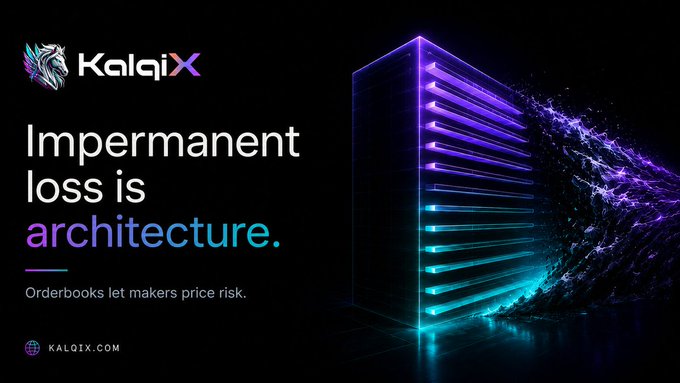 KALQIX promotional graphic with neon purple and blue lighting, displaying the tagline 'Impermanent loss is architecture. Orderbooks let makers price risk.'