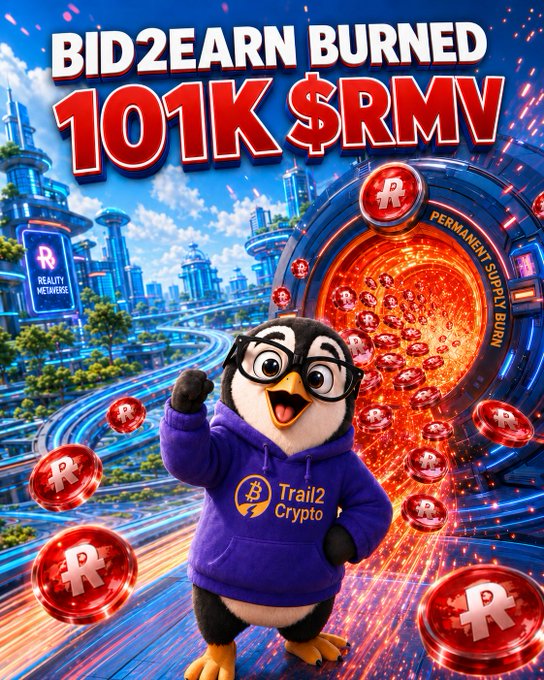 A promotional graphic reading "BID2EARN BURNED 101K $RMV" featuring an animated penguin mascot in a purple "Trail2 Crypto" hoodie standing in front of a portal labeled "PERMANENT SUPPLY BURN".