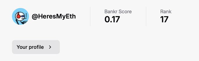The image shows a Bankr Score dashboard for @HeresMyEth, displaying a score of 0.17 and a rank of 17. This visually supports the post celebrating achieving a high rank (17) on Bankr, likely boosted by stock paired token launches now counting toward the score.