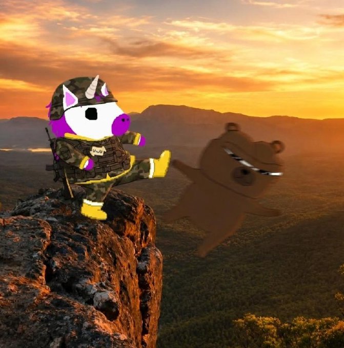 A digitally edited image of a cartoon unicorn wearing military camouflage and a helmet, kicking a shadowy bear off a cliff against a sunset landscape.