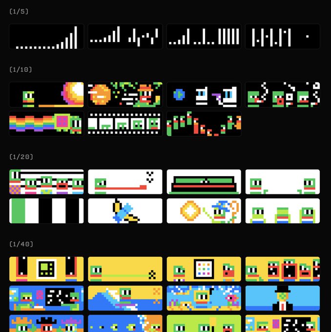 A pixel art preview grid displays Opepen character designs organized by rarity tiers—labeled [1/5], [1/10], [1/20], and [1/40]—showcasing the proposed "Full Rectangle" 33x11 pixel banner set, with each row containing progressively rarer compositions featuring the iconic green opepen figure in various pixelated scenes.