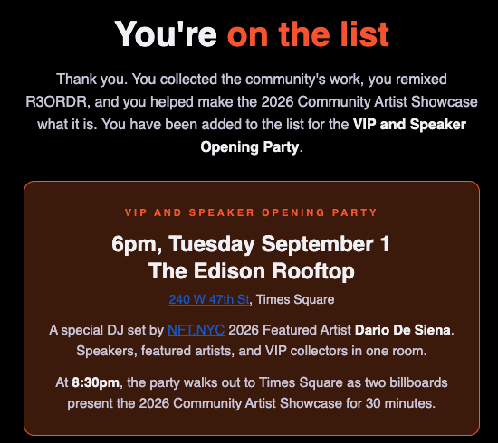 A 'You're on the list' confirmation message for the 'VIP and Speaker Opening Party' at 6pm on Tuesday, September 1 at The Edison Rooftop (240 W 47th St, Times Square) for NFT.NYC 2026, featuring a DJ set by Dario De Siena.