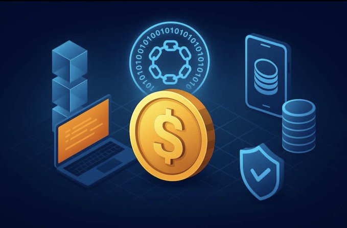 The image features a large, blue circle with a dollar sign inside of it. Surrounding the circle are various objects related to technology and finance, including a laptop computer, a cell phone, a tablet, a keyboard, and a shield. The objects are arranged in such a way that they create an abstract representation of the digital world, which is often associated with financial transactions and data management.
