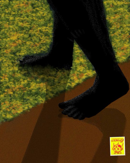 A stylized illustration of dark silhouetted bare feet walking on a dirt path beside grass, with an 'ASTRO 69' stamp logo in the corner.
