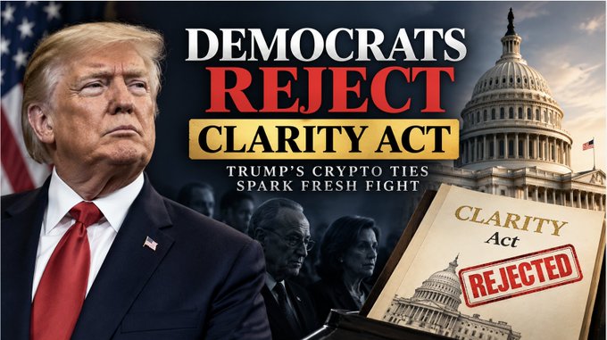 A political graphic showing Donald Trump alongside text reading "DEMOCRATS REJECT CLARITY ACT - TRUMP'S CRYPTO TIES SPARK FRESH FIGHT," with a document stamped "REJECTED" and the U.S. Capitol in the background.