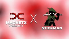A promotional graphic showing a collaboration between "Magnetz Community" and "Stickman," featuring their respective logos separated by an "X" against a red background, supporting a post announcing secured maximum allocation for the @BeStickman project.