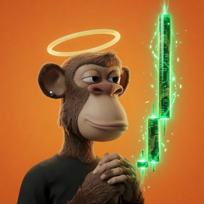 A 3D-rendered monkey with a golden halo above its head, wearing a black shirt, posing with clasped hands next to a glowing green holographic circuit staff against an orange backdrop.