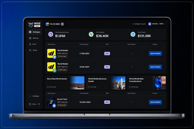 A laptop displays a dark-themed dashboard for the 'WISE UNICORN' platform, showing a TVL of $1.95M and various yield farming options including 'World Mobile' and 'Seven Tech'.