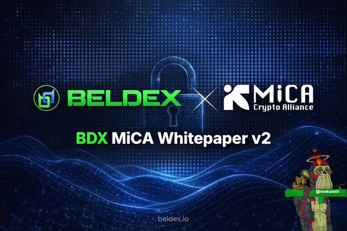 The image features a digital blue background with a padlock graphic, displaying the logos of "BELDEX" and "MiCA Crypto Alliance" alongside the title "BDX MiCA Whitepaper v2" and the URL "beldex.io," promoting the newly released whitepaper. This visually reinforces the post's announcement of Beldex ($BDX) releasing version 2.0 of its MiCA whitepaper to align with European compliance standards through its partnership with the MiCA Crypto Alliance.