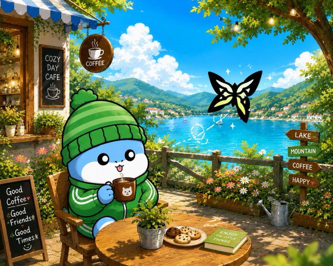 An illustrated scene of a cute blue and white character in a green beanie and sweater holding a mug, sitting at a cafe table with a lake, mountains, and a large butterfly in the background, with signs reading 'LAKE', 'MOUNTAIN', 'COFFEE', and 'HAPPY'.