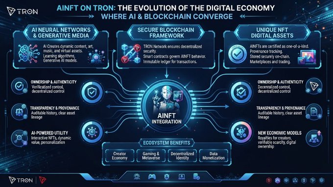 The image is a TRON-branded infographic titled "AiNFT ON TRON: THE EVOLUTION OF THE DIGITAL ECONOMY – WHERE AI & BLOCKCHAIN CONVERGE," illustrating how AI Neural Networks and generative media integrate with a secure blockchain framework to create unique, authenticated NFT digital assets, highlighting ecosystem benefits like creator economy, gaming, decentralized identity, and data monetization. This visually reinforces the post's message by showcasing how AI-generated content gains ownership, authenticity, and transparency through blockchain-based provenance tracking.