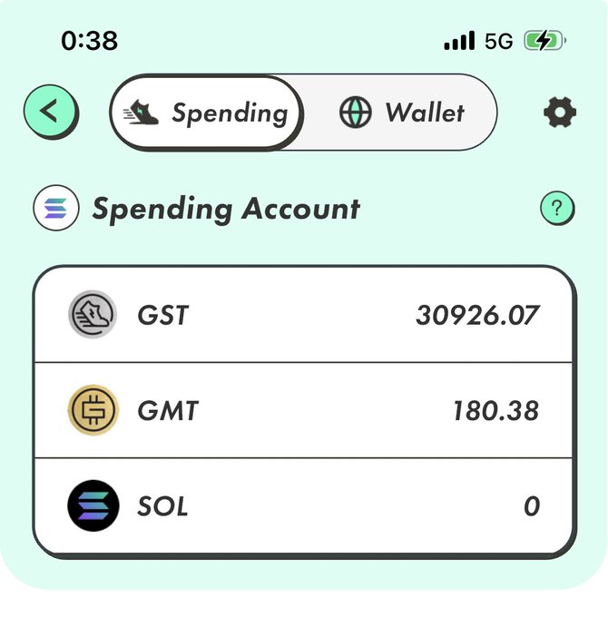 A mobile app screen showing a 'Spending Account' with token balances: GST at 30,926.07, GMT at 180.38, and SOL at 0.