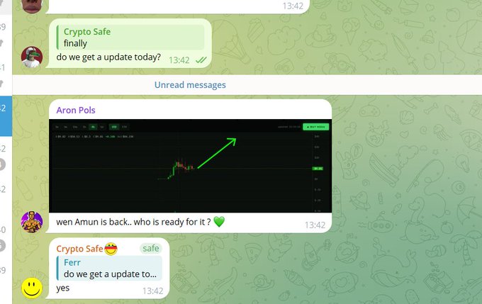 A Telegram chat shows users asking for an update on the token "Crypto Safe," with one message featuring a green-arrowed price chart from "Aron Pols." The conversation reflects the post's claim of a confirmed incoming update, with bullish anticipation about $NOXA.