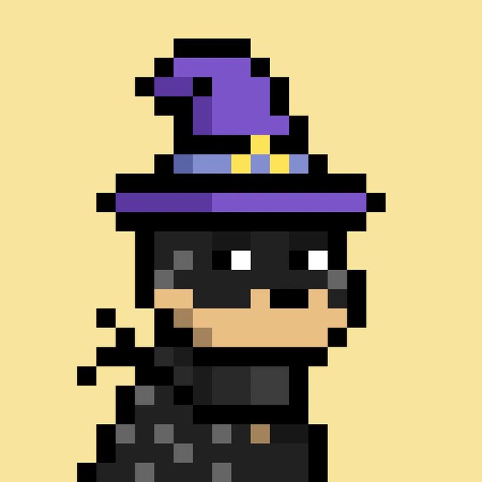 A pixel art character wearing a purple witch hat with a yellow buckle and a black mask, set against a pale yellow background.