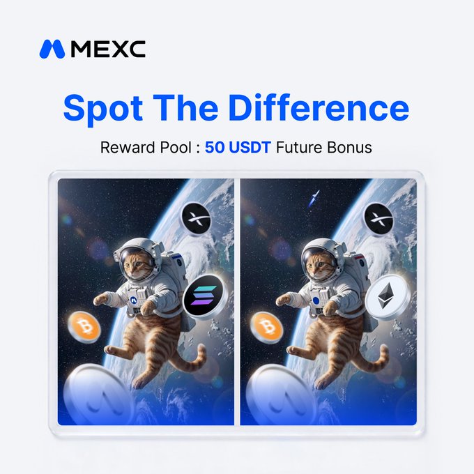 A MEXC exchange promotional image titled "Spot The Difference" offers a "50 USDT Future Bonus" reward pool, showing two nearly identical images of a cat in a spacesuit floating near Earth with crypto logos.