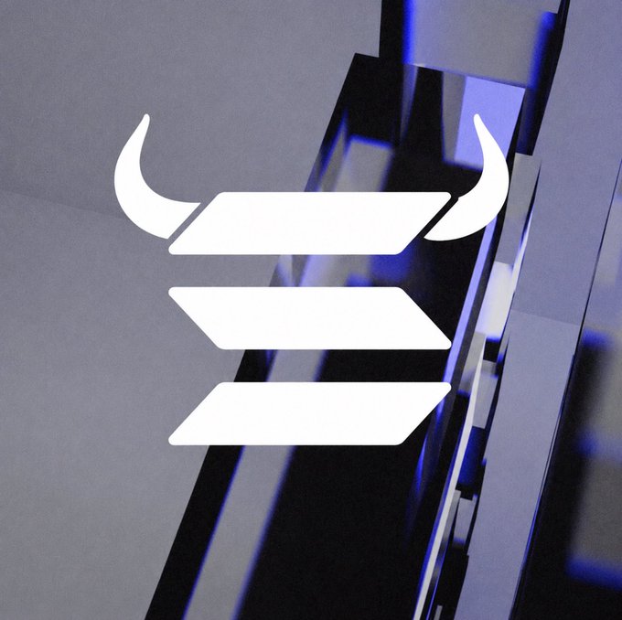 A white bull-themed logo with stylized horns and three stacked horizontal bars is overlaid on a glitchy, abstract dark background with blue light streaks.

The bold, minimalist bull icon visually reinforces the bullish "$ANSEM higher" sentiment in the caption, symbolizing strength and upward momentum in alignment with the post's confident promise to "fix" Solana's posts.