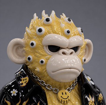 A figurine of a yellow monkey wearing a black jacket and multiple googly eyes on its face and body, with a smiley face necklace.