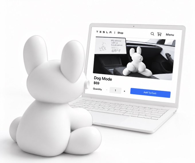A white rabbit-like figurine sitting in front of a laptop displaying the Tesla Shop page for 'Dog Mode' priced at $69, available for 'Add To Cart'.