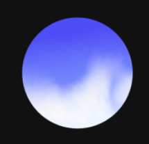 A circular logo featuring a gradient blue sphere with white cloudy shapes at the bottom against a black background.