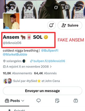 A social media profile for "Ansem" (@blknoiz06) with a goat and SOL emoji, marked as "FAKE ANSEM" in red text, showing 10.8K posts and 64.4K followers.