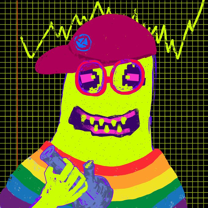 A colorful, stylized digital illustration features a neon green blob-like character wearing a purple cap with a logo, pixelated pink sunglasses, and a rainbow-striped shirt, set against a grid background with a yellow zigzag line graph.