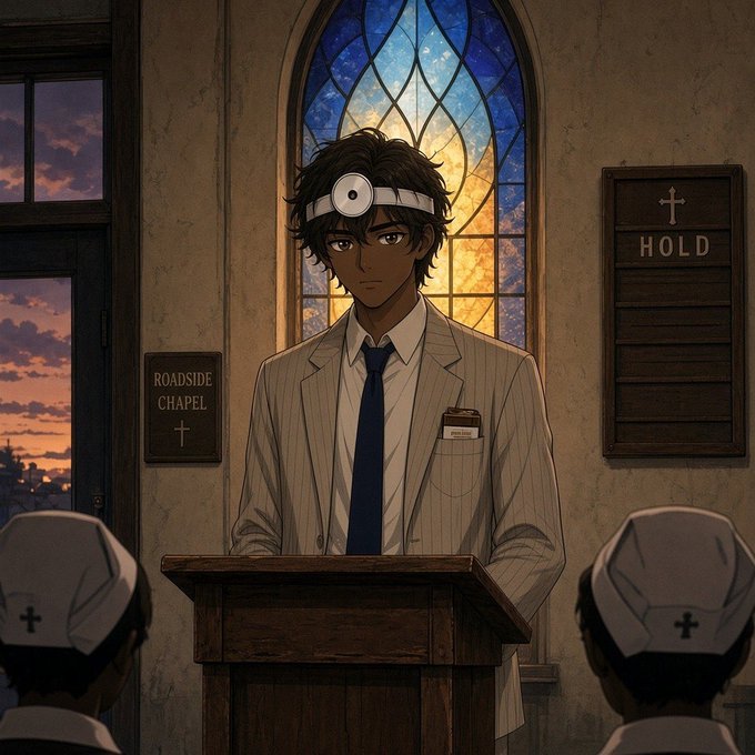An anime-style illustration of a dark-haired man in a suit standing at a podium in a 'Roadside Chapel,' with a peculiar head-mounted device, addressing two people in nurse caps.