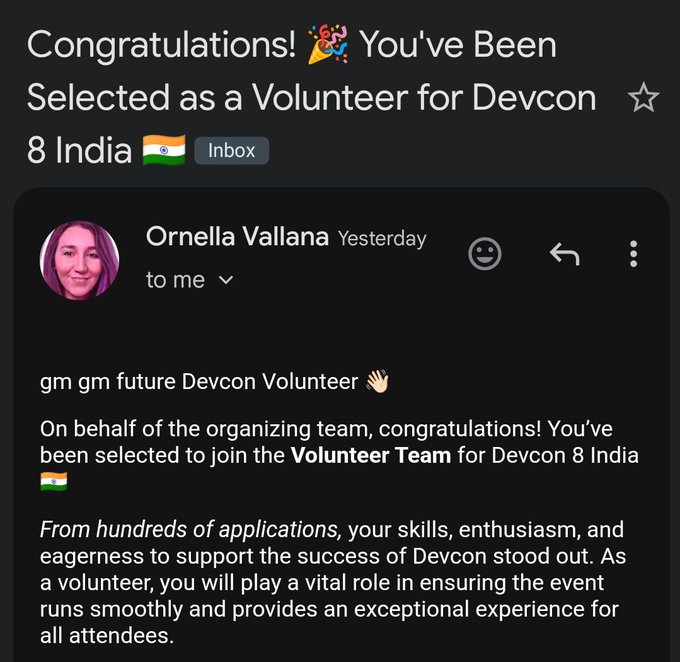 Email screenshot titled 'Congratulations! You've Been Selected as a Volunteer for Devcon 8 India' from Ornella Vallana, congratulating the recipient on joining the volunteer team.