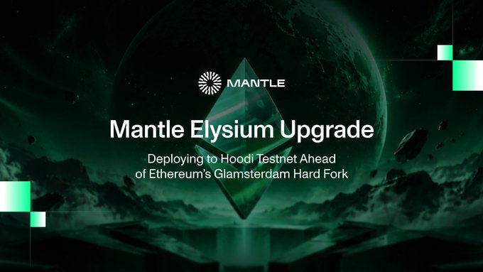 A dark green Mantle promotional graphic reads “Mantle Elysium Upgrade” and “Deploying to Hoodi Testnet Ahead of Ethereum’s Glamsterdam Hard Fork.” It illustrates Mantle’s upcoming Hoodi testnet deployment after Sepolia, supporting the post’s message that builders will be able to stress-test parallel execution and faster blocks before mainnet.