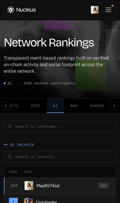 A screenshot from the Nucleus platform showing 'Network Rankings' with 2436 onchain participants, displaying the AI category rankings including user 'MaaRii74sd' at rank 184.