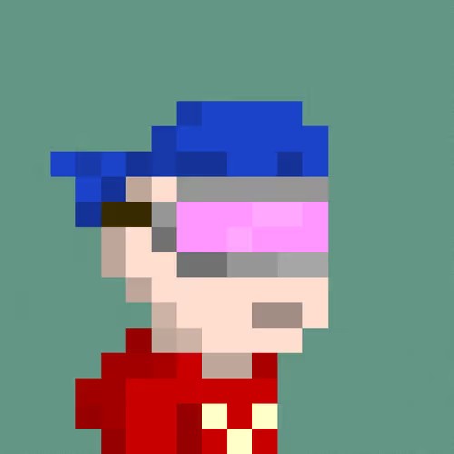 A low-resolution pixel art style portrait of a character with blue hair blowing a large pink bubblegum bubble, wearing a red top against a green background.