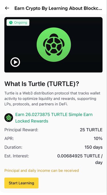 A mobile app interface displaying an 'Earn Crypto By Learning About Blockc...' quest titled 'What Is Turtle (TURTLE)?' with reward details like 'Earn 26.0273875 TURTLE Simple Earn Locked Rewards' and a 10% APR.
