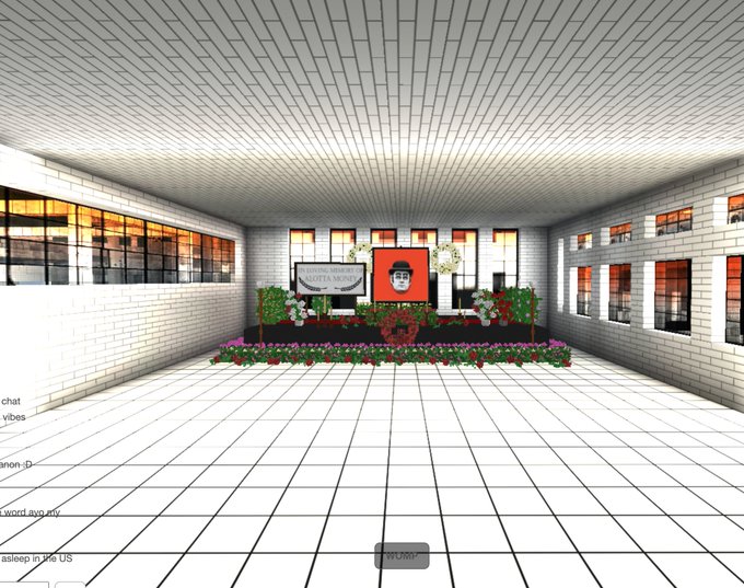 A virtual memorial space dedicated to 'GIANT MOUNTAIN' and 'UNKNWON MEMOR', featuring flowers, candles, and a portrait against a brick wall background.