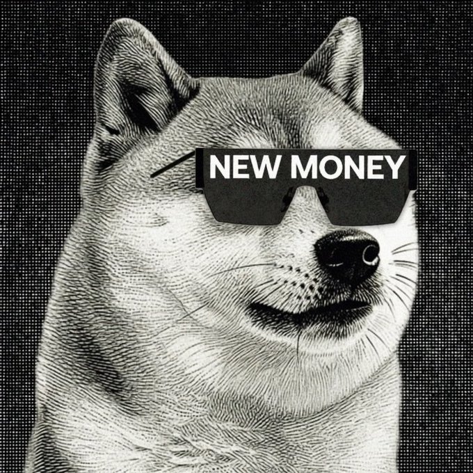 A black and white illustration of a Shiba Inu dog wearing black sunglasses with the text 'NEW MONEY' across the lenses.