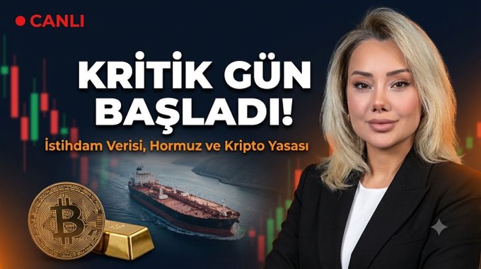A promotional thumbnail for a live stream broadcast titled "KRİTİK GÜN BAŞLADI!" (Critical Day Has Begun!) scheduled for August 7 at 14:00, featuring a blonde female presenter alongside graphics of an oil tanker, a Bitcoin, and a gold bar, with the Turkish subtitle highlighting topics on employment data, the Strait of Hormuz, and crypto law.