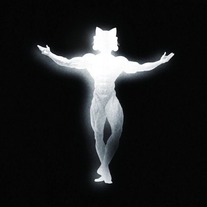 A luminous, ghostly white silhouette of a muscular humanoid figure with cat-like ears stands with arms outstretched against a pitch-black background.