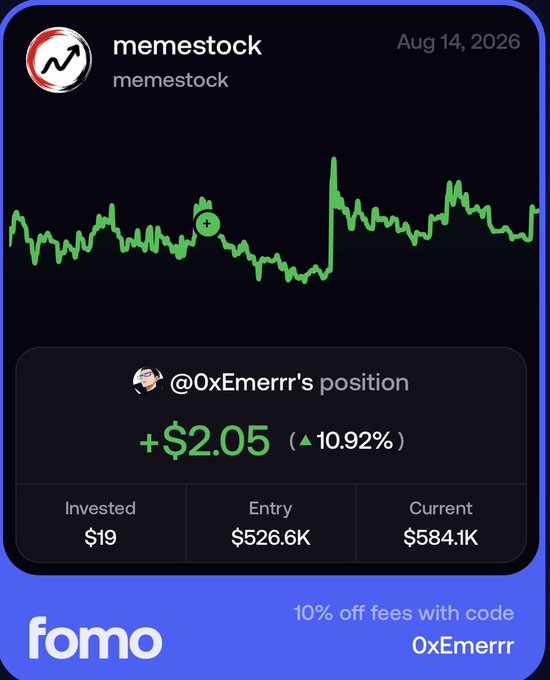 A trader named @0xEmerrr shares their position on the token $memestock on fomo, showing a profit of +$2.05 (10.92%) with a tiny $19 investment while the position value shows $526.6K entry—mocking the absurd ratio of their actual risk to meme-trader aspirations of "burger money" gains.