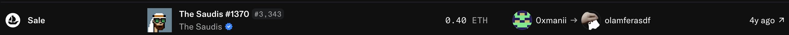 An OpenSea NFT sale transaction showing 'The Saudis #1370' being sold for 0.40 ETH from Oxmanii to olamferasdf, 4 years ago.