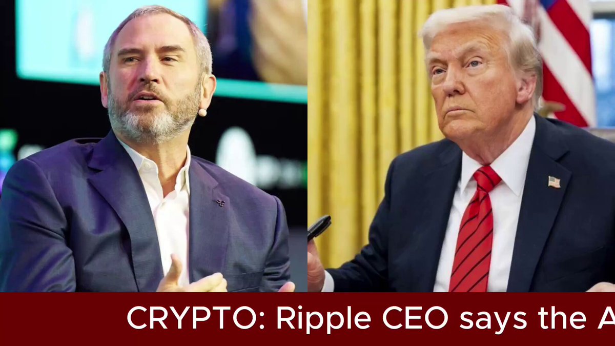 The image shows two men sitting across from each other at a table with their arms crossed. One man has a beard and is wearing a suit, while the other man is wearing a red tie. They appear to be engaged in conversation or discussing something related to cryptocurrency. The text "Crypto: Ripple CEO says anti-crypto army was defeated by Trump... @Ripple CEO Brad Garlinghouse" is written above them, indicating that the CEO of Ripple has made this statement.