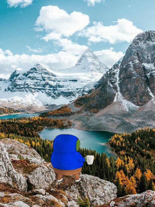 A cartoon character in a blue hoodie stands on a rocky overlook, gazing out over a stunning mountain landscape with snow-capped peaks, turquoise lakes, and golden autumn trees while holding a coffee mug.

The serene, breathtaking scene of someone peacefully enjoying nature with a warm drink perfectly captures the relaxing Thursday vibes of the post.