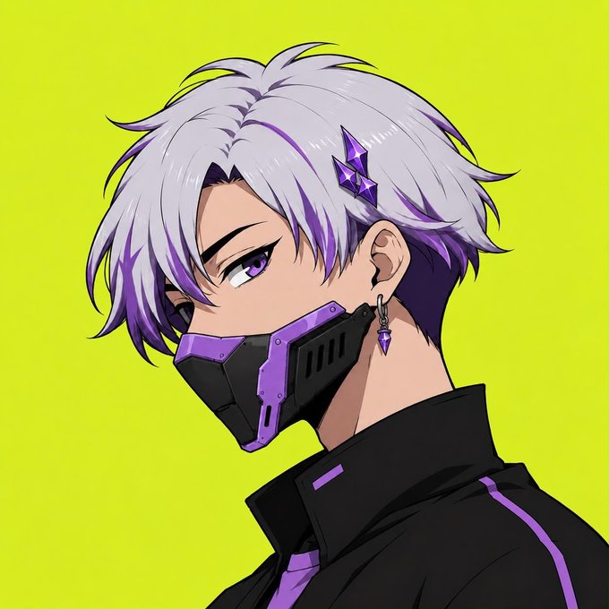 An anime-style character with silver-purple hair, a purple tech mask, and a crystal hair accessory looks over his shoulder against a bright yellow background, serving as the visual mascot or profile art for the giveaway.