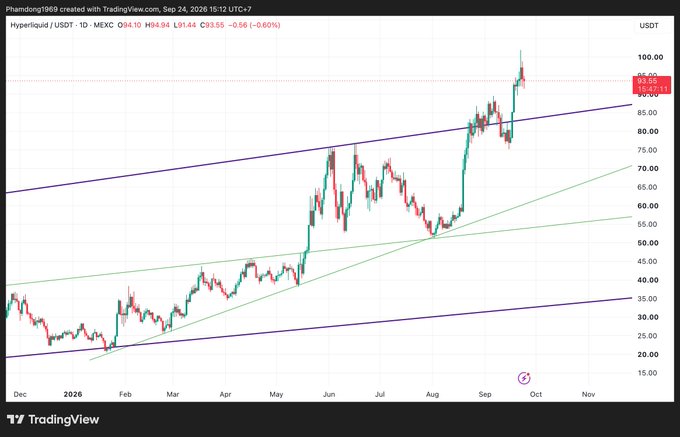 A TradingView chart of Hyperliquid (HYPE) on MEXC shows a strong uptrend in an ascending channel pattern, with the price trading around $94.30 near the upper trendline.