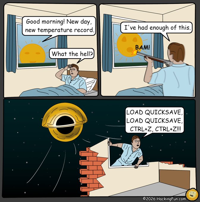 A man wakes up to a smiling sun breaking another temperature record, shoots the sun with a shotgun in frustration, and then panics as a Saturn-like planet hurtles toward Earth through his broken wall, yelling "LOAD QUICKSAVE, LOAD QUICKSAVE, CTRL+Z, CTRL+Z!!!" 

The comic humorously parallels the post's message: just as the man desperately tries to "undo" a catastrophic event he wasn't prepared for, waiting for perfect conditions before acting leaves people helpless when opportunity—or disaster—strikes.