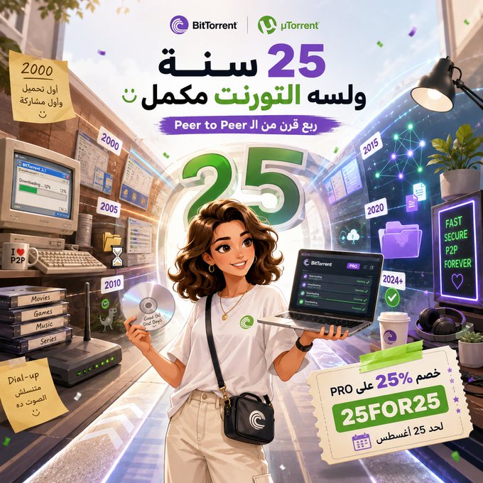A vibrant promotional graphic celebrates BitTorrent's 25th anniversary with Arabic text reading "25 سنة" (25 years) and "ولسه التورنت مكمّل" (Torrent is still going strong), alongside logos for BitTorrent and µTorrent. The illustration features an animated young woman holding a CD and a laptop displaying the BitTorrent interface, surrounded by retro tech items and a "25FOR25" promotional discount code, marking the milestone with a 25% off offer.