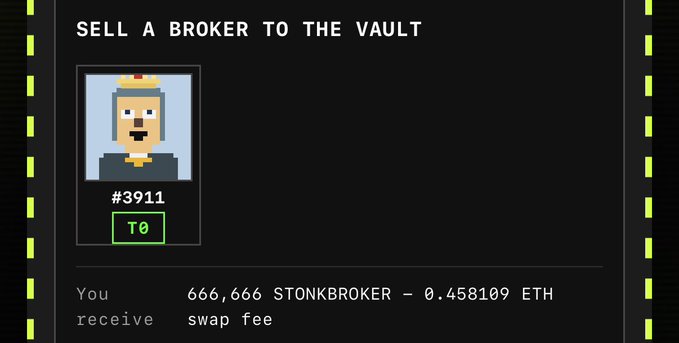 Screenshot of an NFT marketplace interface titled 'SELL A BROKER TO THE VAULT' showing pixel art broker #3911 with a price of 0.458109 ETH, receiving 666,666 STONKBROKER tokens.