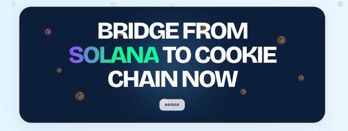 A promotional graphic with white text reading "BRIDGE FROM SOLANA TO COOKIE CHAIN NOW" with a colorful Solana logo and a "BRIDGE" button on a dark blue background with floating cookie graphics.