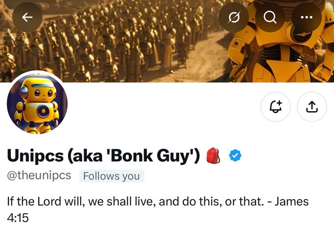 A profile screenshot of Unipcs (aka "Bonk Guy") (@theunipcs), a verified crypto influencer known for shilling meme coins, with a bio quoting James 4:15 and displaying a yellow robot avatar against a banner of robot figurines. The image relates to the post celebrating that Unipcs finally followed the user after over a year of shilling $USELESS, with the user aiming to send the token to "Valhalla" (at least $10).