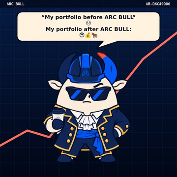 A cartoon character with sunglasses and a spiked jacket is shown with text bubbles reading 'My portfolio before ARC BULL' with a happy face emoji and 'My portfolio after ARC BULL:' with crying emojis.